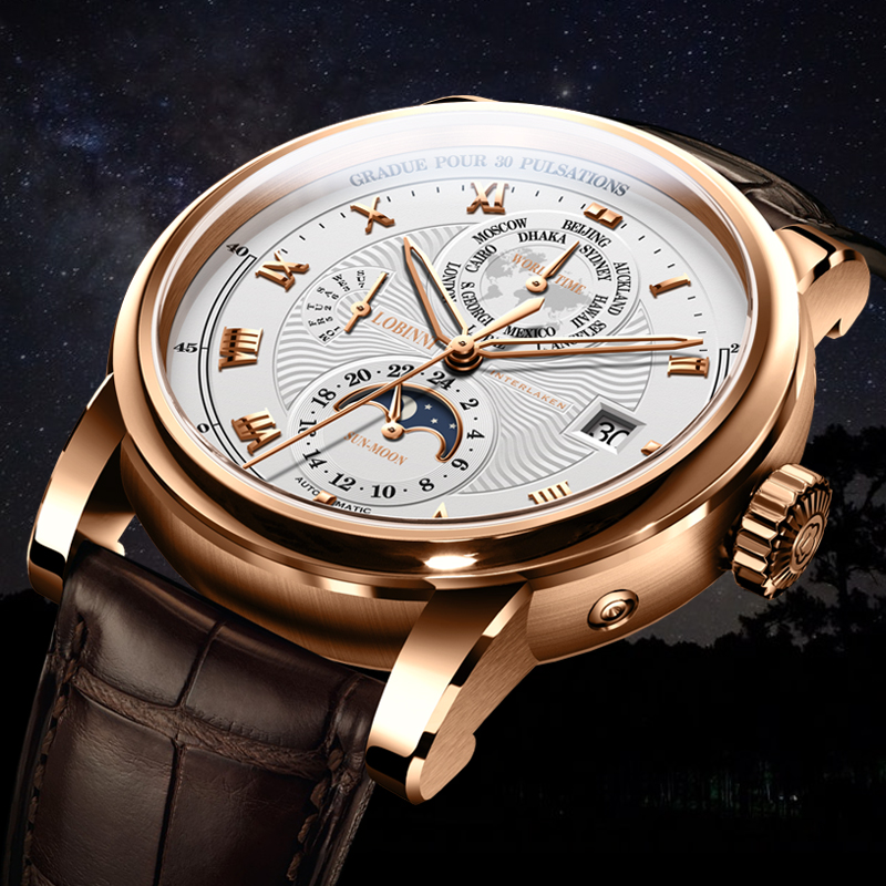 Luxury Watch Brands In World - LOBINNI 남성용 문페이즈 자동 기계식 손목시계,