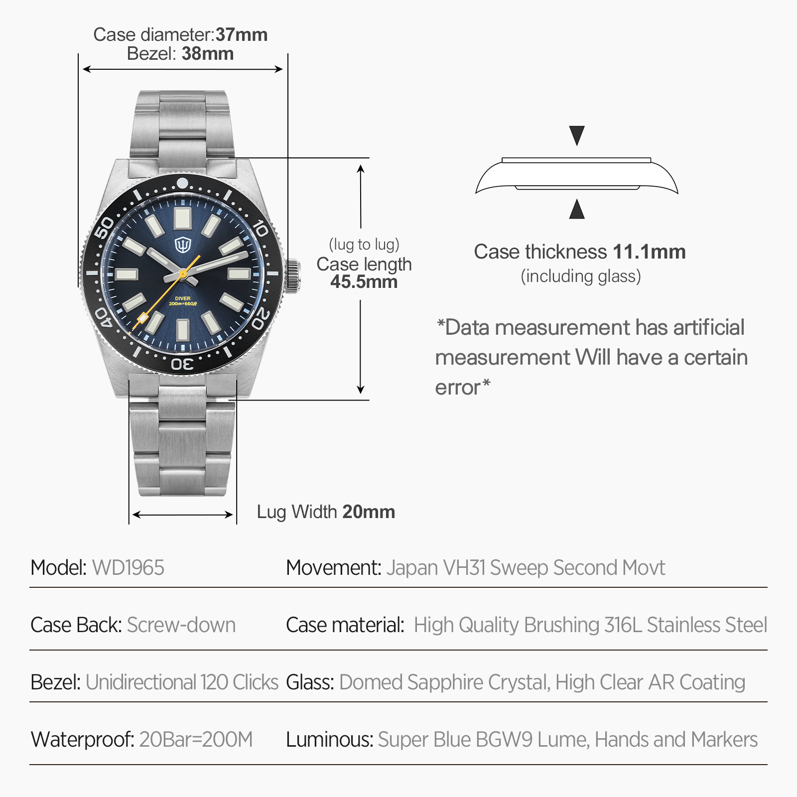 Watchdives 37Mm WD1965 V2 남성용  - Luxury Watch With Bracelet 리뷰 및 가격