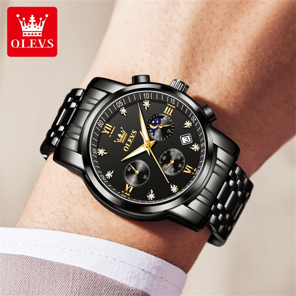 OLEVS 인기 남성용 시계 스테인레스 스틸 블랙 문  - Luxury Watch Logo 리뷰 및 가격