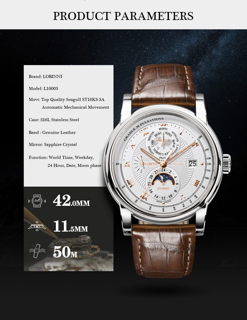 LOBINNI 남성용 문페이즈 자동 기계식 손목시계,  - Luxury Watch Brands In World 리뷰 및 가격